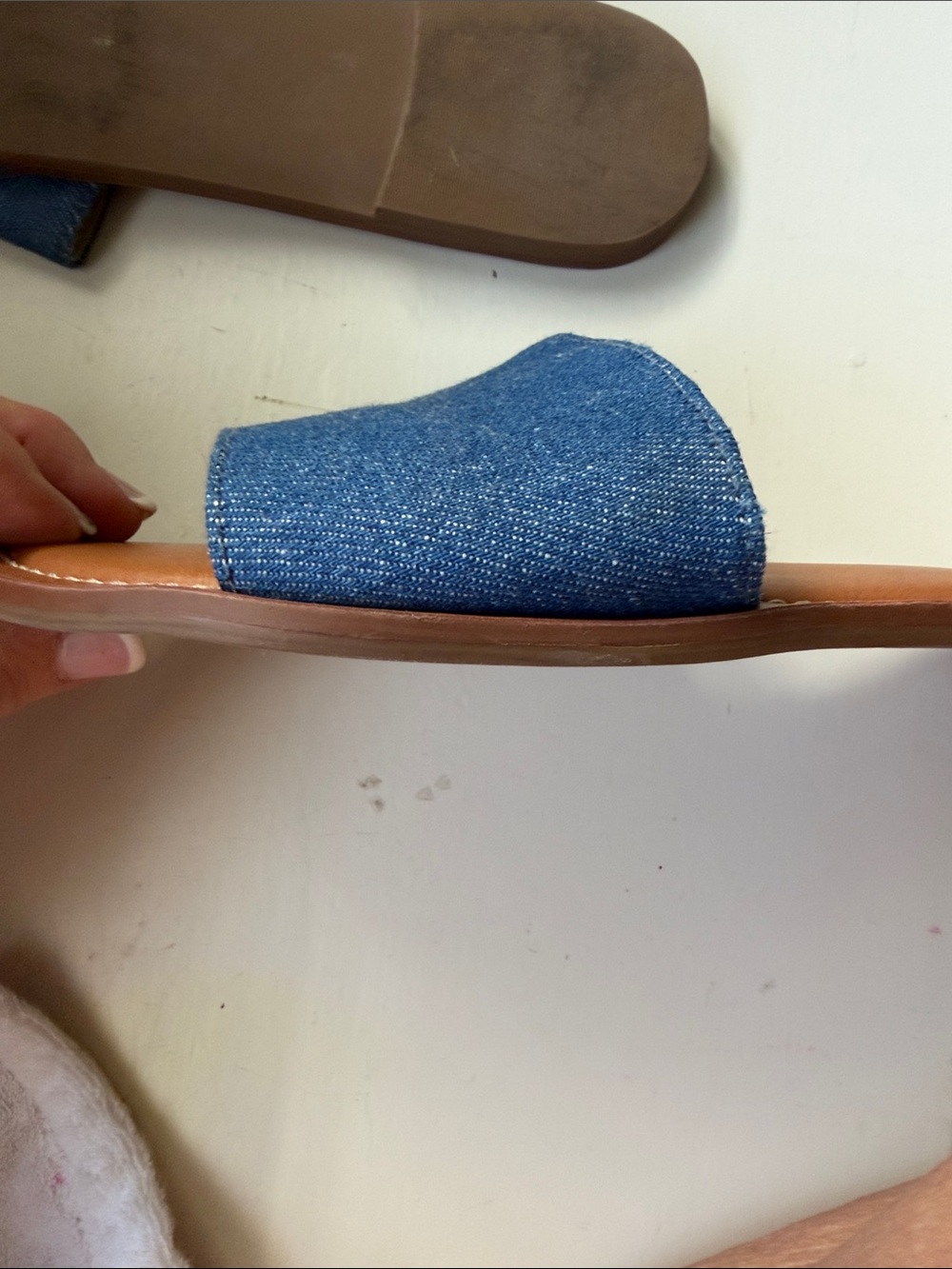 Jack Rogers Denim Slide Sandals in Blue and Tan - Picture 4 of 4